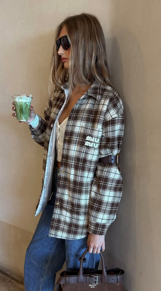 Miu Miu Brown Plaid Oversized Wool-Blend Overshirt Jacket