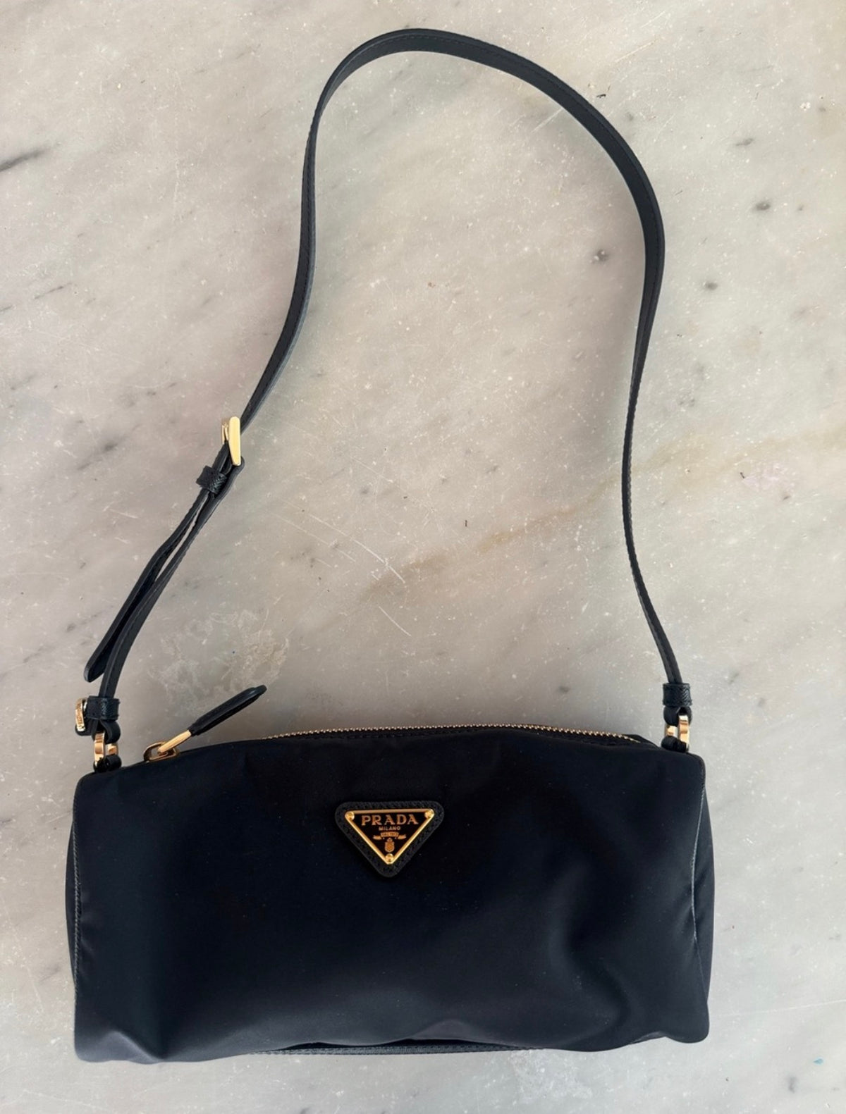 Prada Black Tessuto Nylon Saffiano Barrel Shoulder Bag