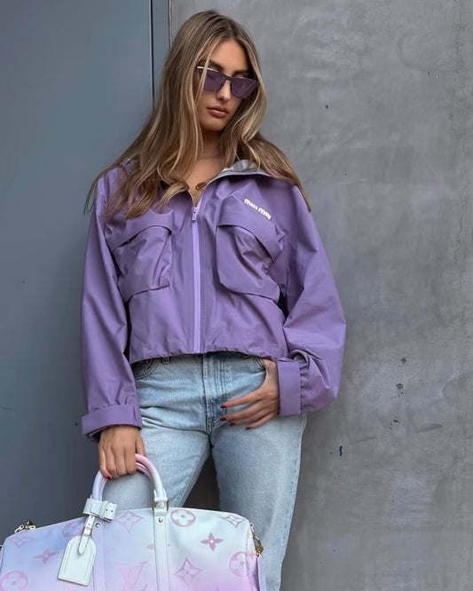 Miu Miu Lilac Tec Canvas Hooded Blouson Utility Jacket