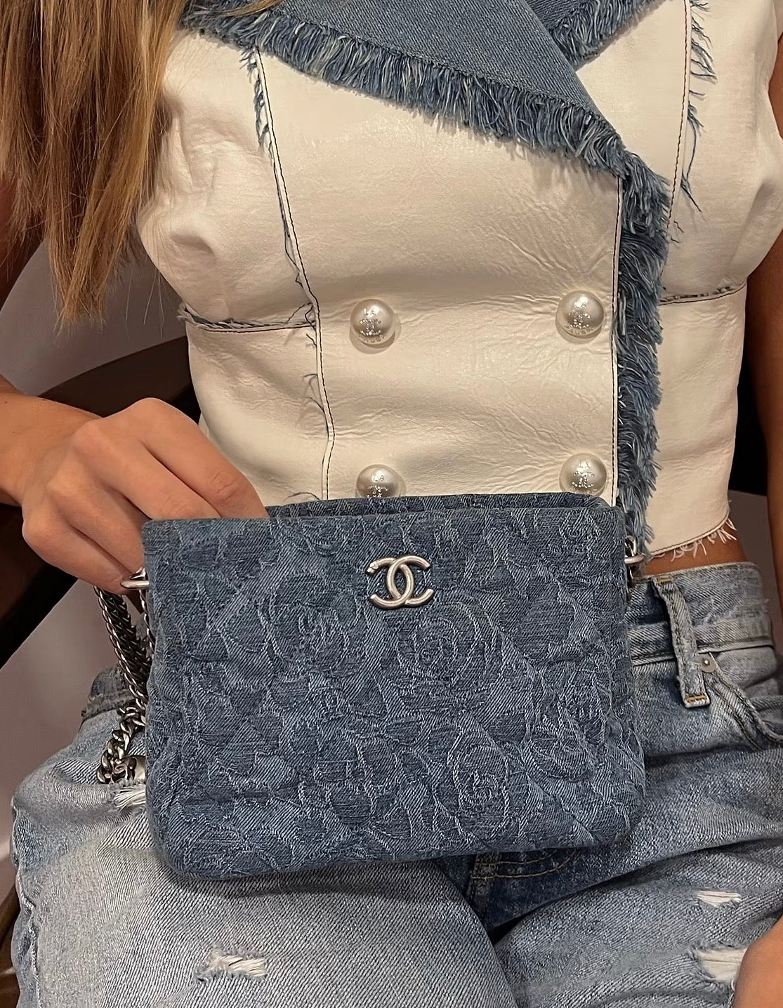 Chanel Camellia Quilted Denim Small Flap Bag Blue