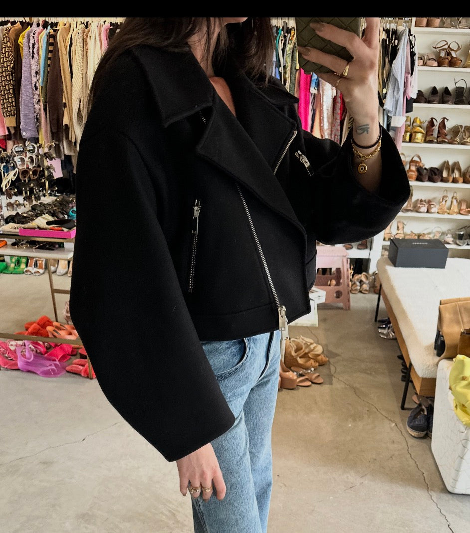 Khaite Black Wool Biker Jacket With Silver Zipper Size 0