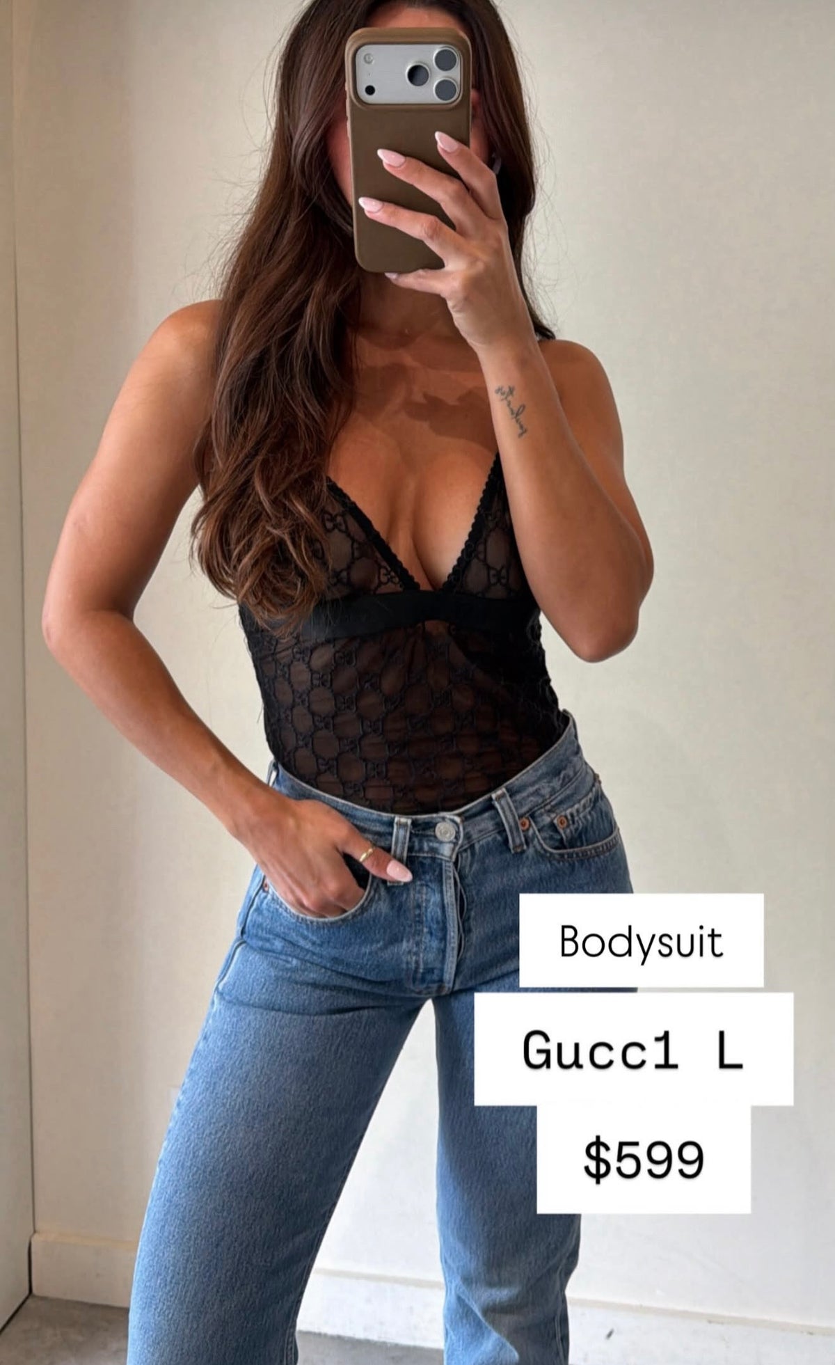 Gucci Black Sheer Sleeveless Bodysuit With Logos Size L