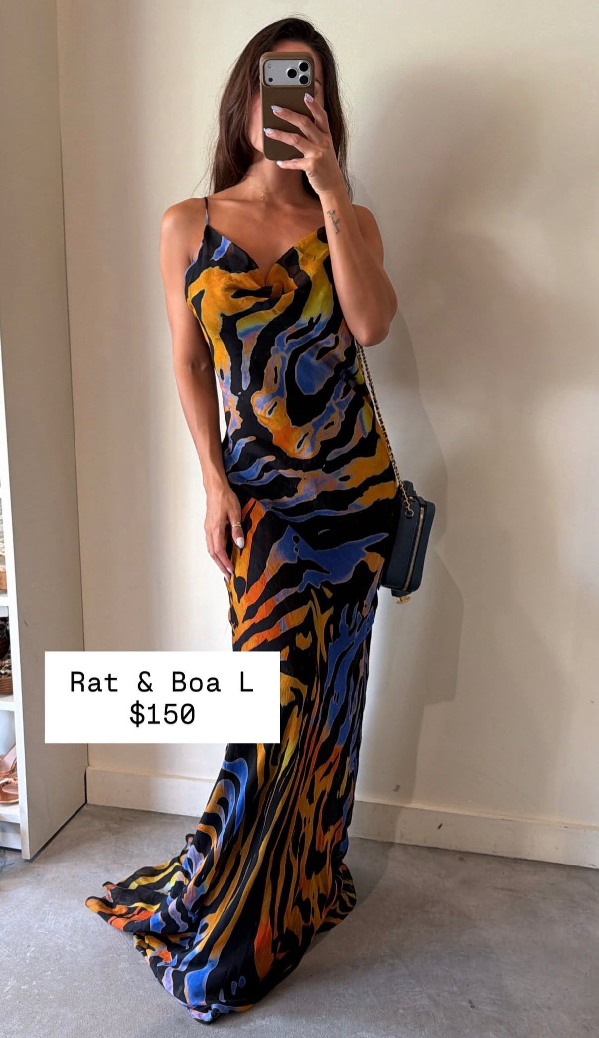 Rat & Boa Black Abstract Orange And Blue Printed Maxi Dress Size L
