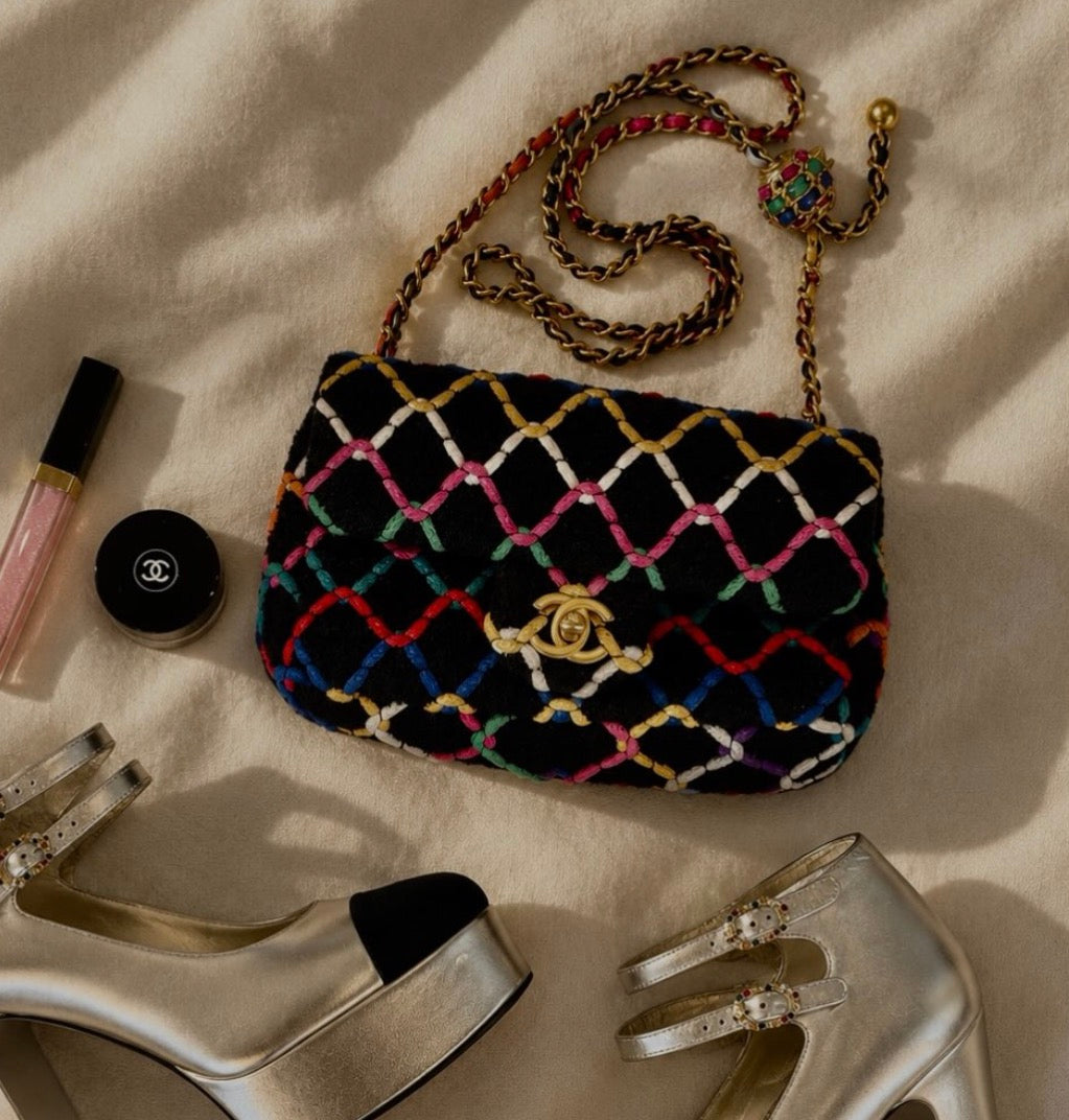 Chanel Black Bouclé Multi-Color Braided Flap Bag with Pearl Ball Strap