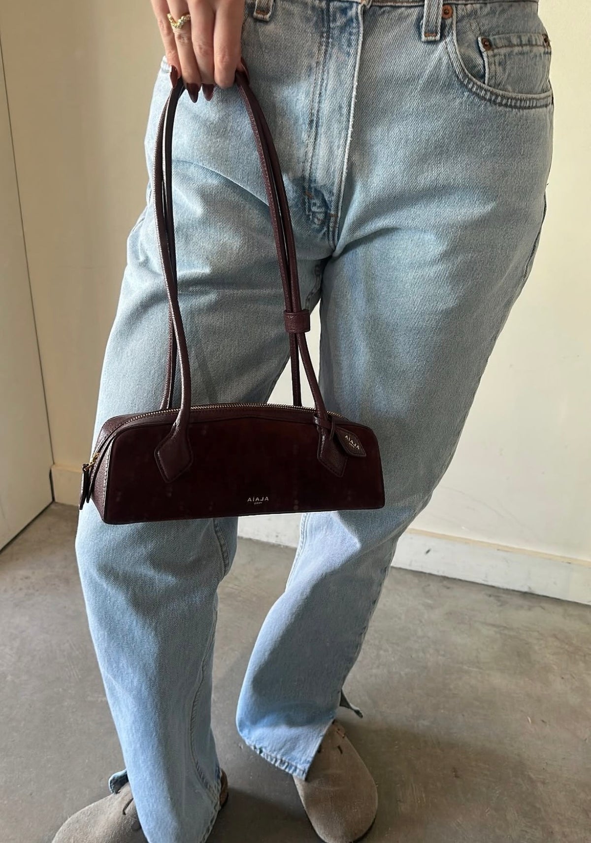Alaïa Wine Red Suede & Grainy Leather Teckel Shoulder Bag with Mirror