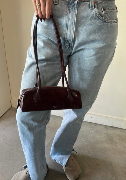 Alaïa Wine Red Suede & Grainy Leather Teckel Shoulder Bag with Mirror