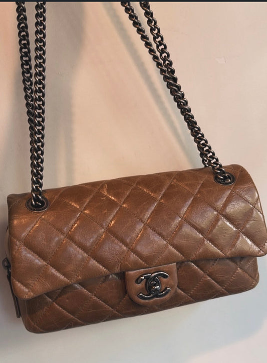 Chanel Caramel Brown Crinkled Lambskin Quilted Flap Bag with Dark Gunmetal Hardware