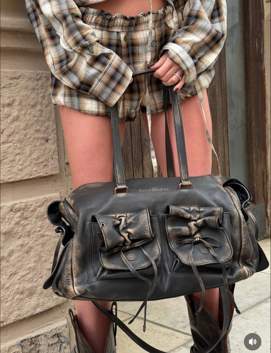 Acne Studios Distressed Black Leather Shoulder Bag With Of Outer Pockets