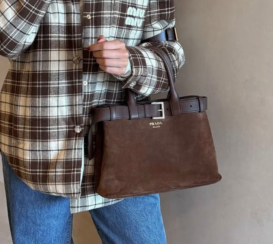 Prada Buckle Medium Tobacco Brown Suede Handbag with Belt