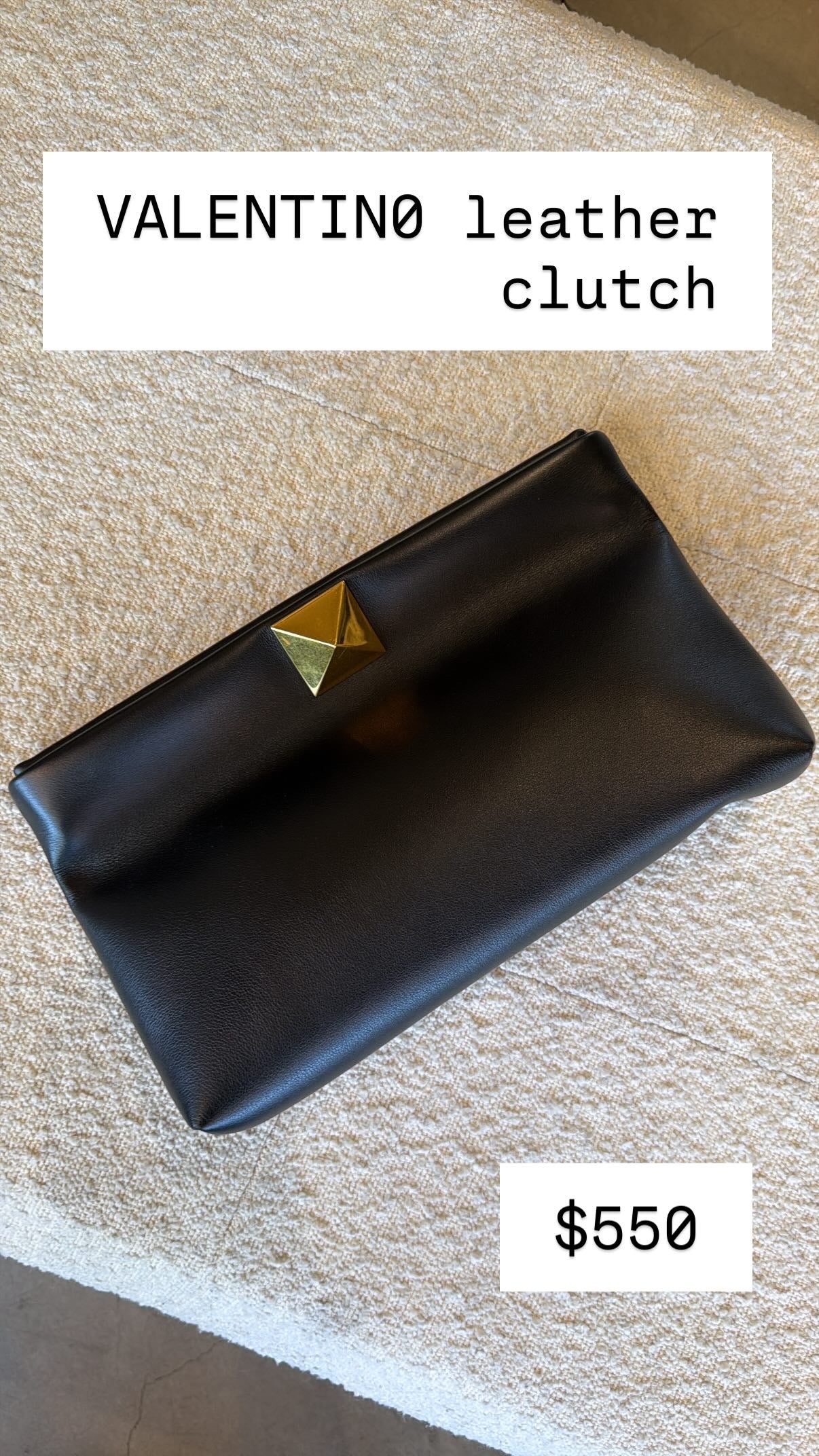 Valentino Black Leather Clutch With Gold Stud
