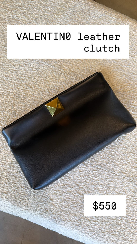 Valentino Black Leather Clutch With Gold Stud