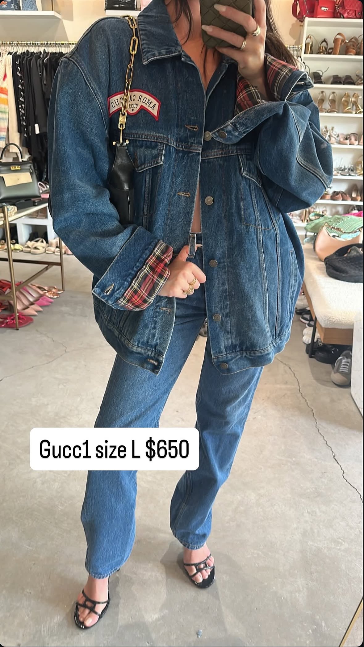 Gucci Blue Denim Jacket With Velvet Embroidered Logo On Back And " Amor Caecus " Front Patch