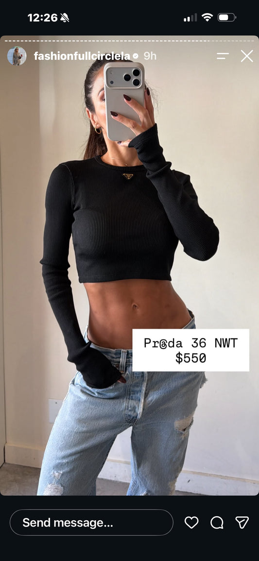 Prada Black Long Sleeve Ribbed Top With Triangle Logo On Front Size 36 Nwt