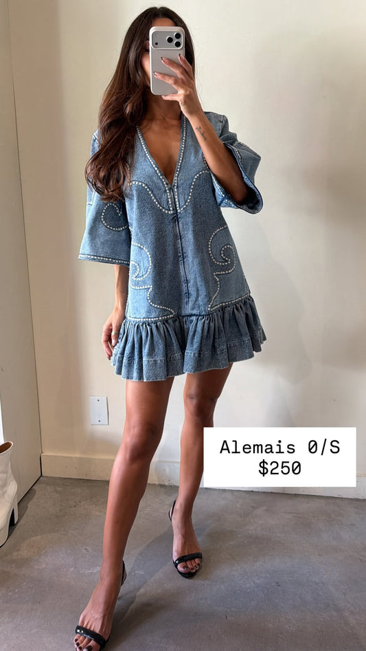 Alemais Denim Dress With White Embroidery Size 0