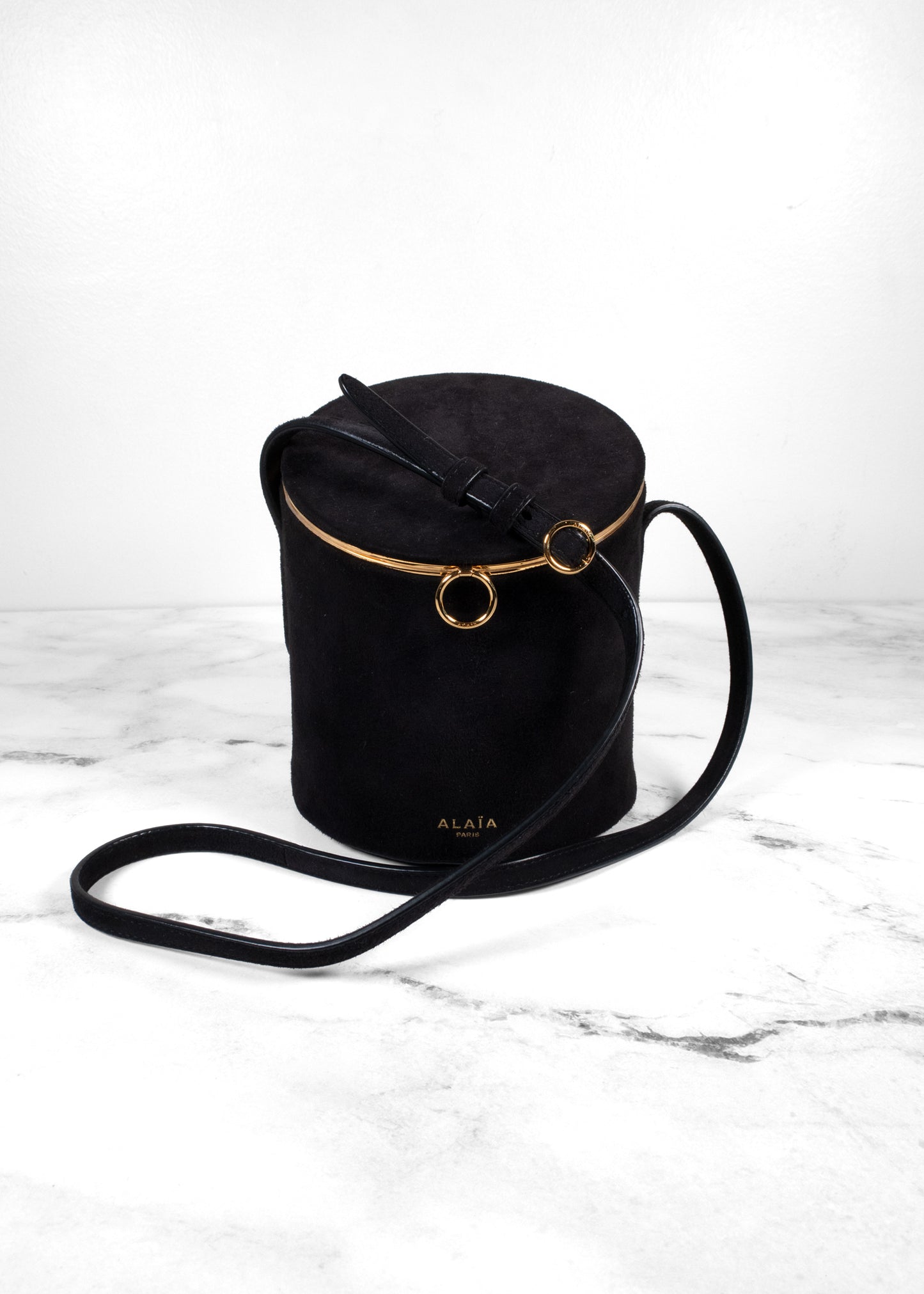 Alaïa Suede Corset Minaudière Cylindrical Bucket Crossbody Bag