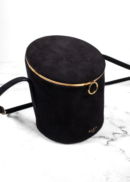 Alaïa Suede Corset Minaudière Cylindrical Bucket Crossbody Bag