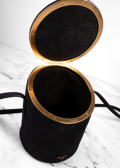 Alaïa Suede Corset Minaudière Cylindrical Bucket Crossbody Bag