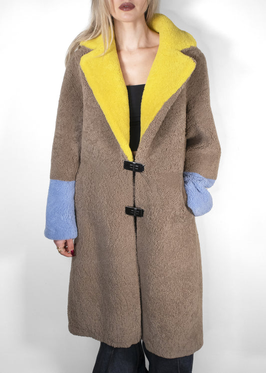 Saks Potts Lamb Fur Colorblock Pattern Fur Coat