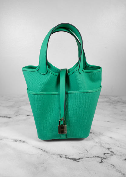 Hermès Picotin Cargo 18 Toile Canvas and Swift Leather Vert Menthe Gold Hardware (Missing Keys)