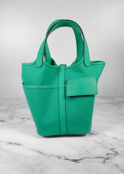 Hermès Picotin Cargo 18 Toile Canvas and Swift Leather Vert Menthe Gold Hardware (Missing Keys)