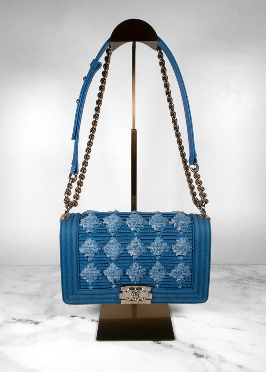 Chanel Blue Denim Pleated Medium Boy Flap Bag With Gold Hardware Full Set