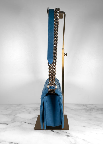 Chanel Blue Denim Pleated Medium Boy Flap Bag With Gold Hardware Full Set