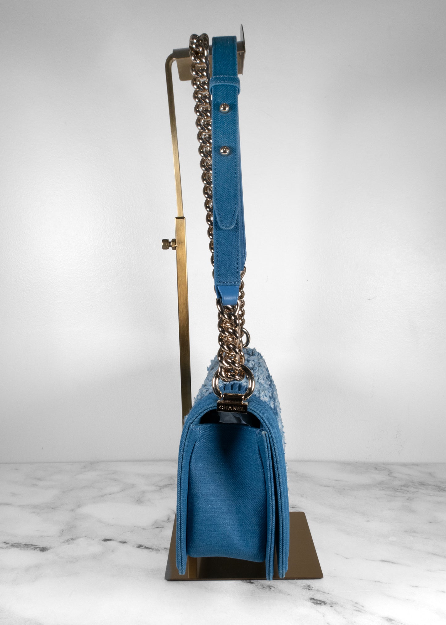 Chanel Blue Denim Pleated Medium Boy Flap Bag With Gold Hardware Full Set
