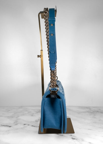 Chanel Blue Denim Pleated Medium Boy Flap Bag With Gold Hardware Full Set