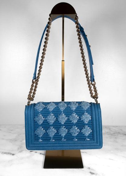 Chanel Blue Denim Pleated Medium Boy Flap Bag With Gold Hardware Full Set