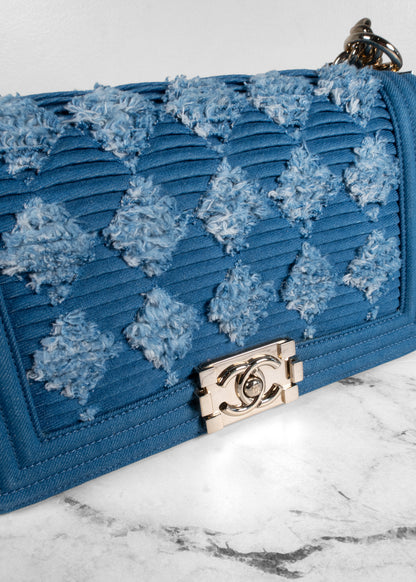 Chanel Blue Denim Pleated Medium Boy Flap Bag With Gold Hardware Full Set