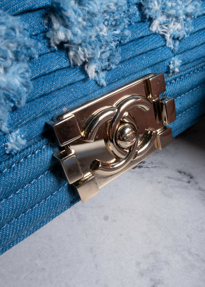 Chanel Blue Denim Pleated Medium Boy Flap Bag With Gold Hardware Full Set