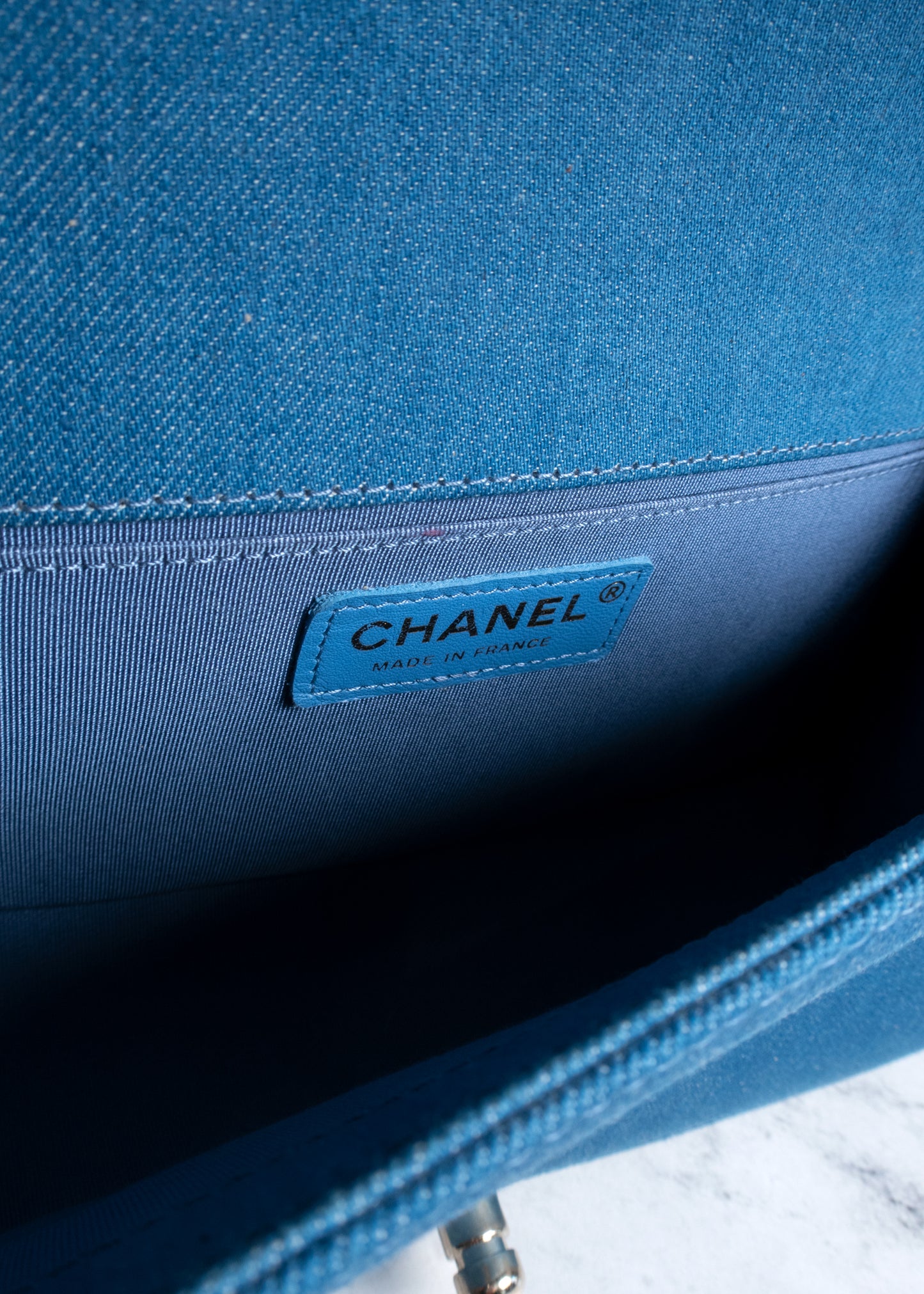 Chanel Blue Denim Pleated Medium Boy Flap Bag With Gold Hardware Full Set