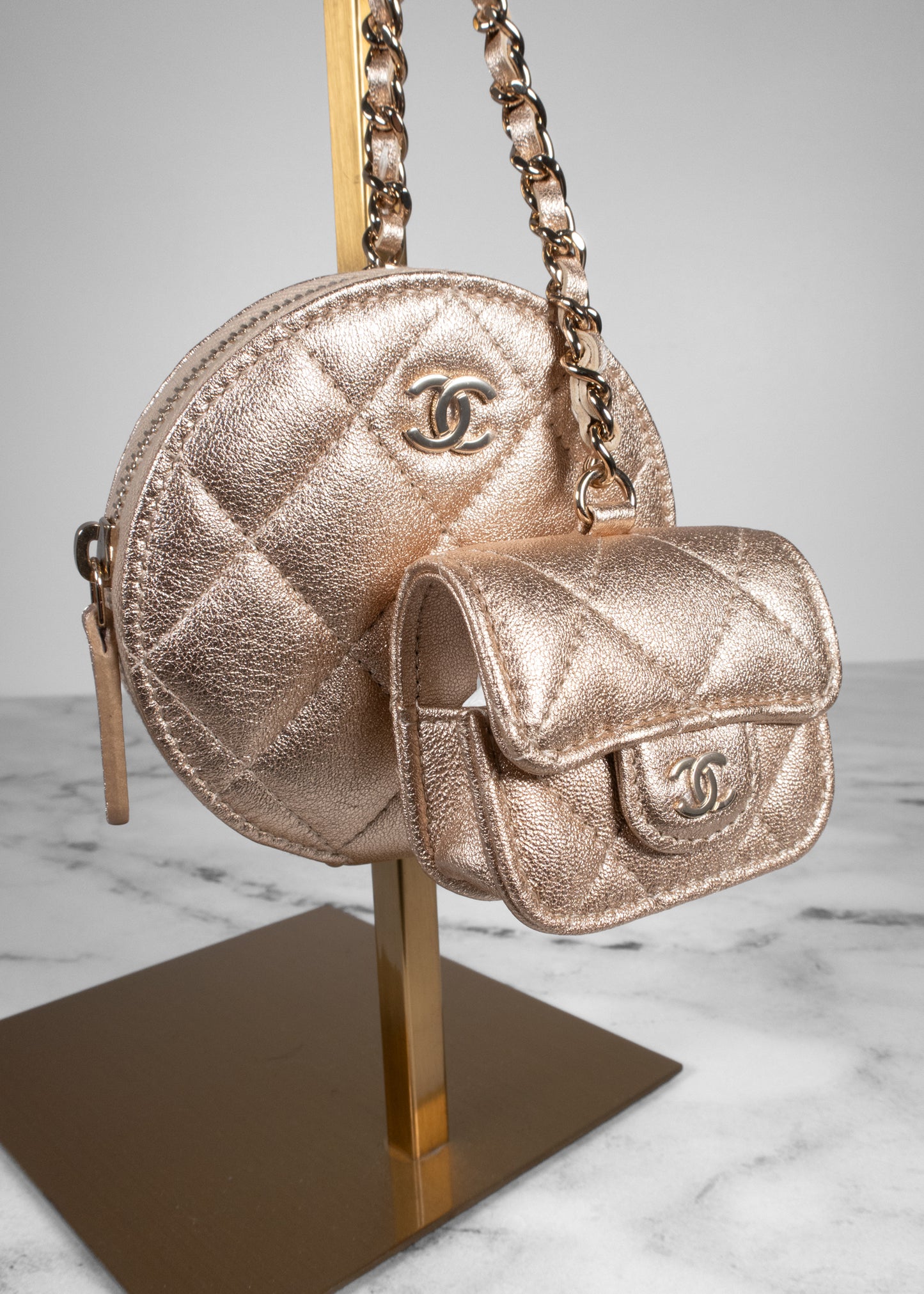 Chanel VIP Gift Metallic Rose Gold Quilted Dual Pouch Bag Charm