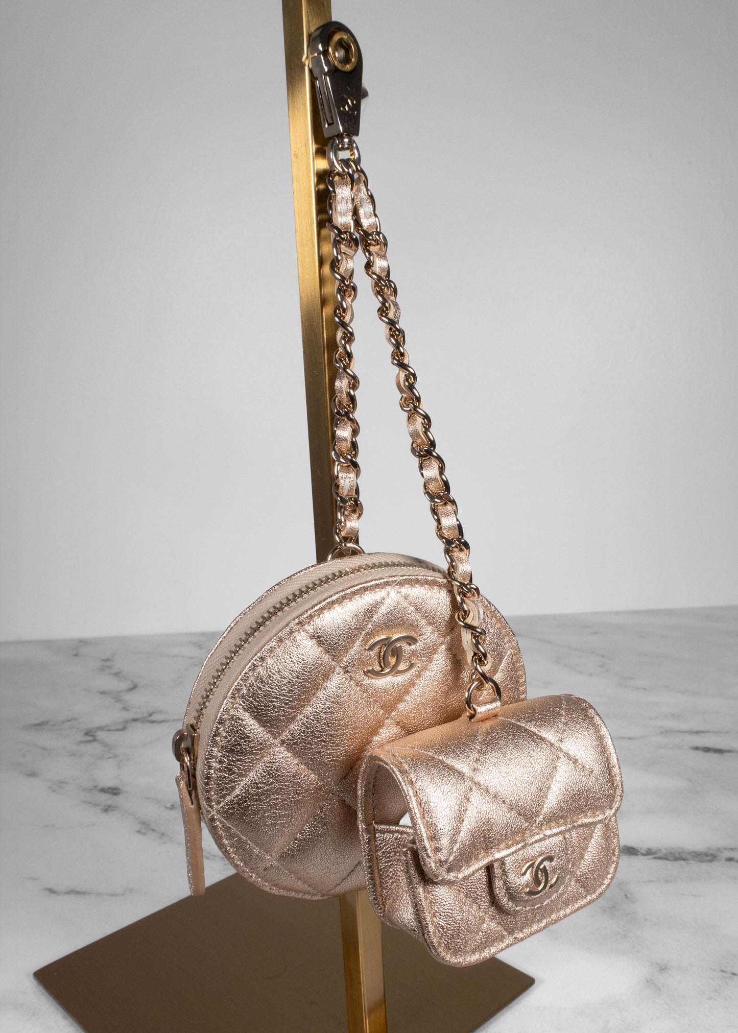 Chanel VIP Gift Metallic Rose Gold Quilted Dual Pouch Bag Charm