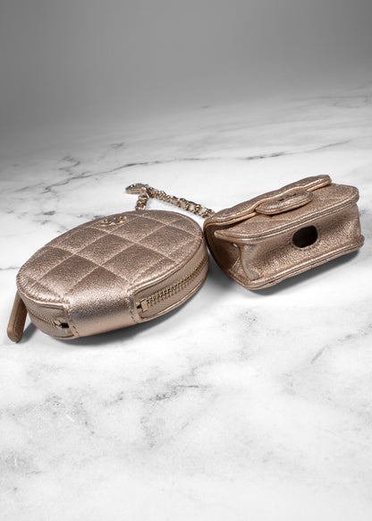 Chanel VIP Gift Metallic Rose Gold Quilted Dual Pouch Bag Charm