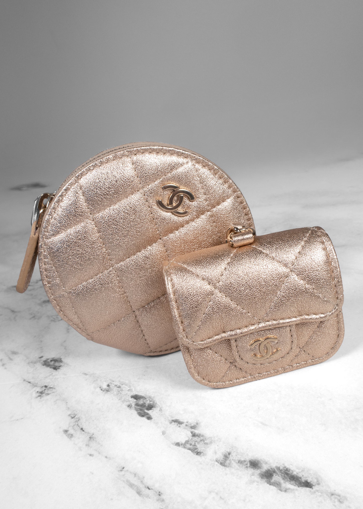 Chanel VIP Gift Metallic Rose Gold Quilted Dual Pouch Bag Charm