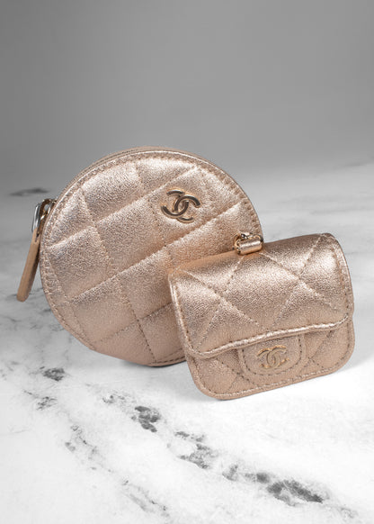 Chanel VIP Gift Metallic Rose Gold Quilted Dual Pouch Bag Charm