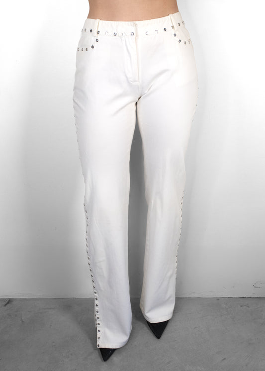 Celine White Embellished Silver Studded Jeans