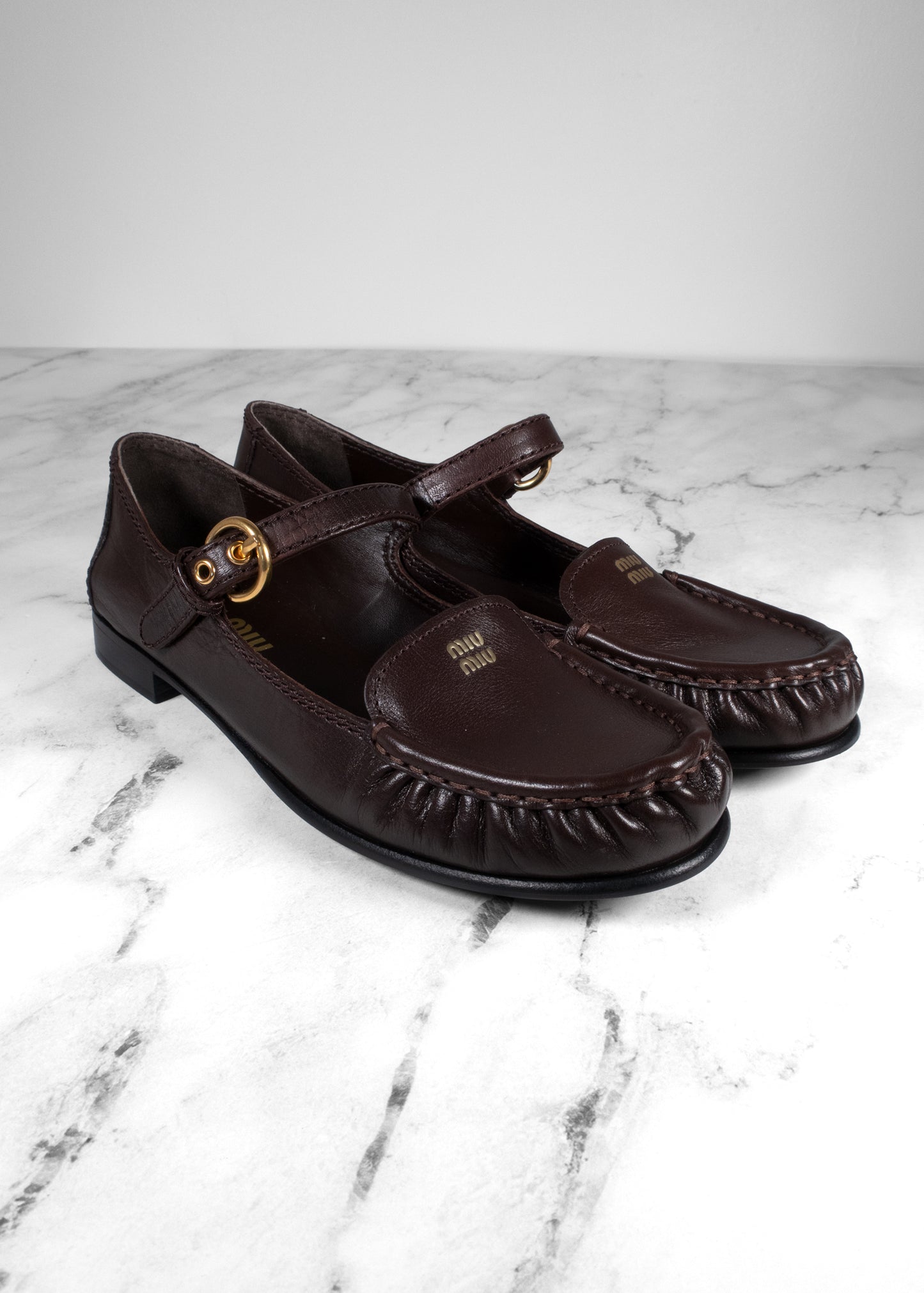 Miu Miu Moro Brown Grained Leather Mary Jane Loafers