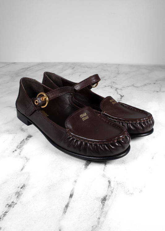 Miu Miu Moro Brown Grained Leather Mary Jane Loafers