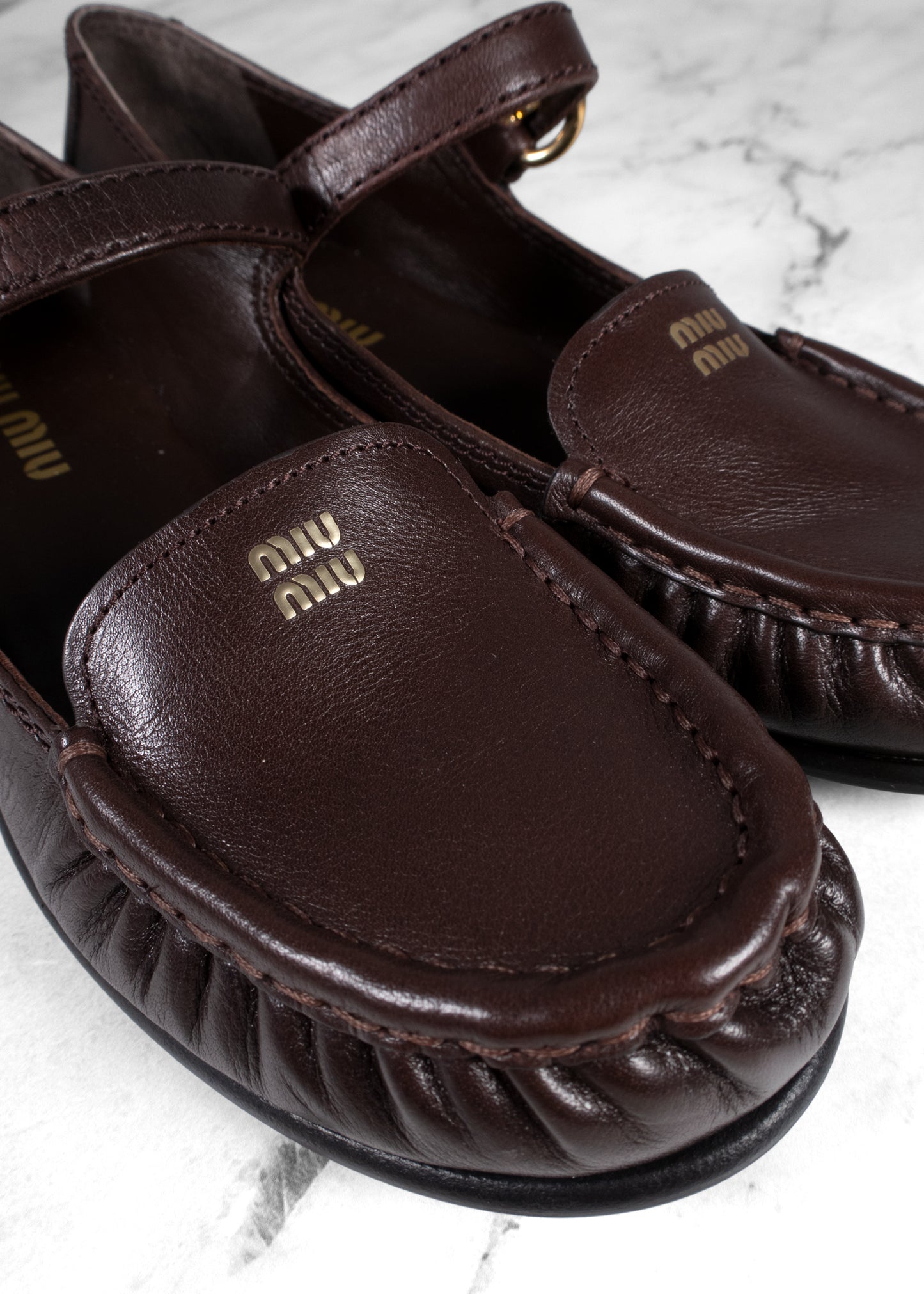 Miu Miu Moro Brown Grained Leather Mary Jane Loafers