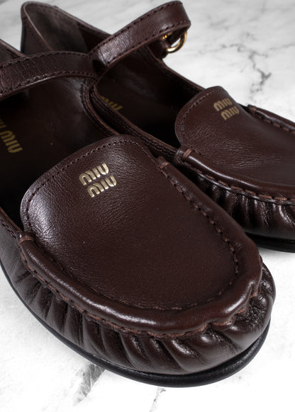 Miu Miu Moro Brown Grained Leather Mary Jane Loafers