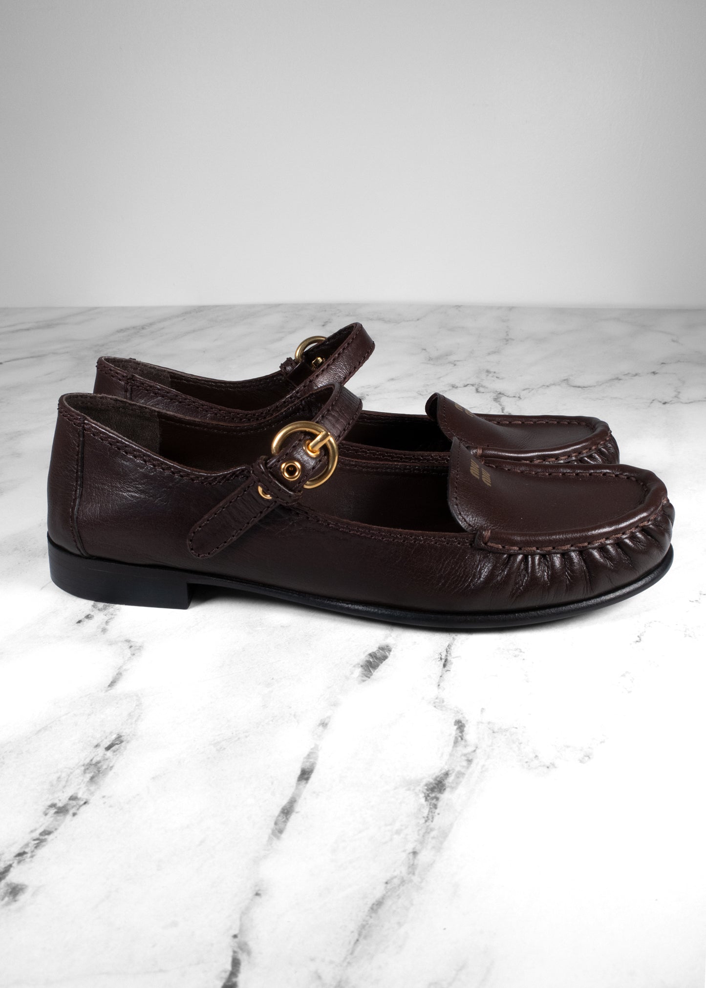 Miu Miu Moro Brown Grained Leather Mary Jane Loafers