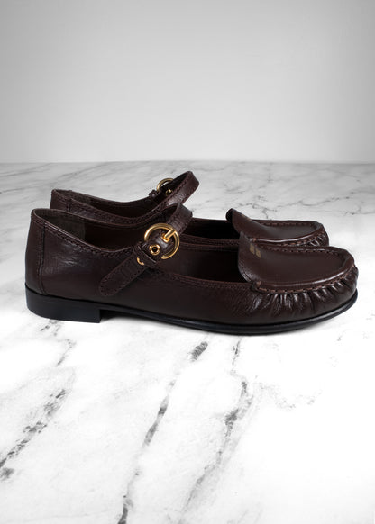 Miu Miu Moro Brown Grained Leather Mary Jane Loafers
