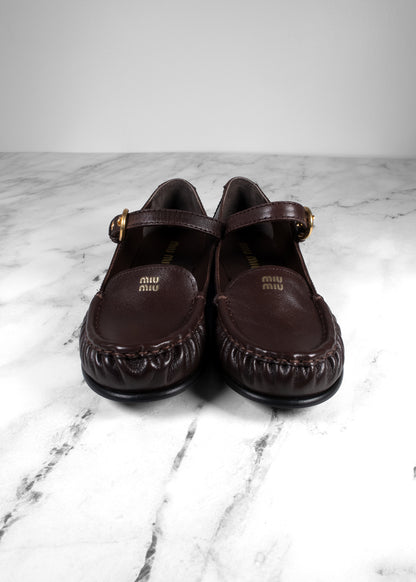 Miu Miu Moro Brown Grained Leather Mary Jane Loafers
