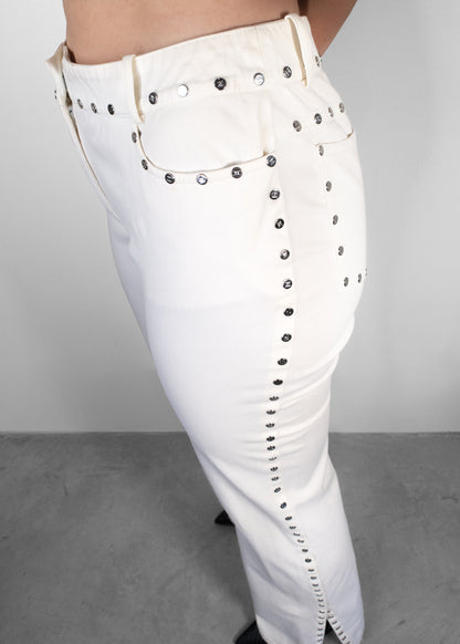 Celine White Embellished Silver Studded Jeans