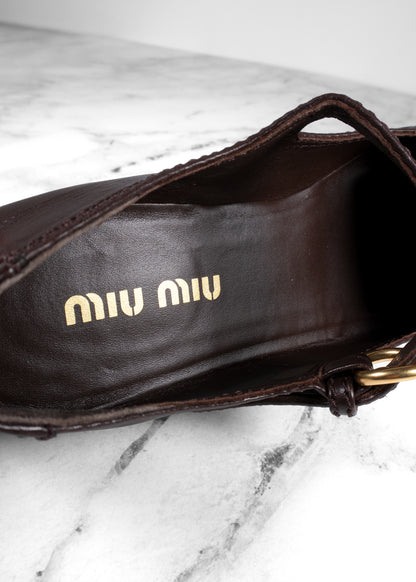 Miu Miu Moro Brown Grained Leather Mary Jane Loafers