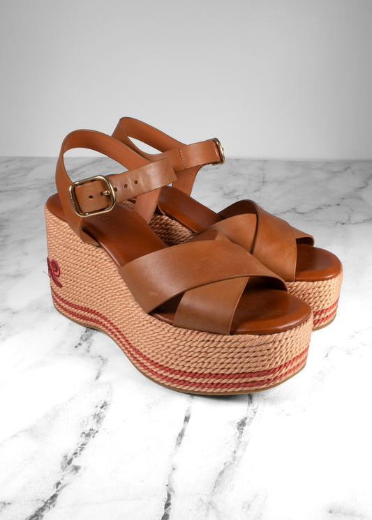 Chloé Tan Leather Lilli Rope Wedge Platform Sandals