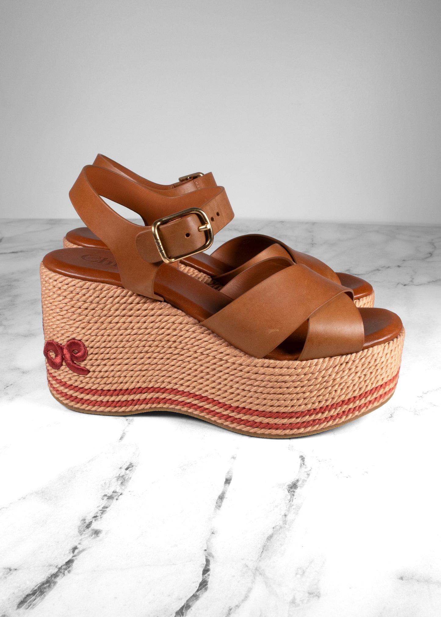 Chloé Tan Leather Lilli Rope Wedge Platform Sandals