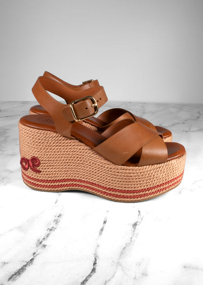 Chloé Tan Leather Lilli Rope Wedge Platform Sandals